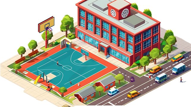 isometric view school bilding and football play ground