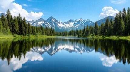 Pristine mountain lake with a mirrorlike reflection of evergreen trees and snowy peaks, mountain lake, serene wilderness