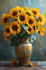 Vibrant Sunflower Bouquet in Rustic Vase: Bright Yellow Blooms with Lush Green Leaves Against a Soft Textured Background, Perfect for Home Decor Inspiration.