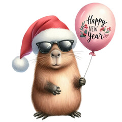 Obraz premium Capybara wearing a Santa hat and sunglasses holding a balloon Happy New Year Clipart Watercolor 