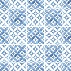 Seamless moroccan pattern. Square vintage tile. Blue and white watercolor ornament painted with paint on paper. Handmade. Print for textiles. Set grunge texture.