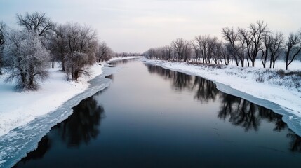 A serene winter landscape featuring a river bordered by snow-covered trees, with ice formations on the water's edge under a cloudy sky.