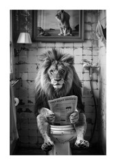 Humorous Lion Relaxing on Toilet, Reading Newspaper in Quirky Bathroom Setting â€“ Black and White Stock Image for Creative Projects
