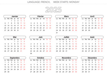 2025 french calendar. Printable, editable simple vector illustration for France - calendrier. 12 months calendrier