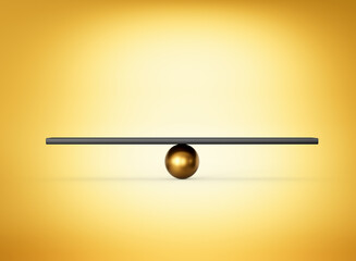 A Black Balanced Seesaw On Shiny Golden Fulcrum Symbolizes Leverage And Equilibrium 3D Illustration