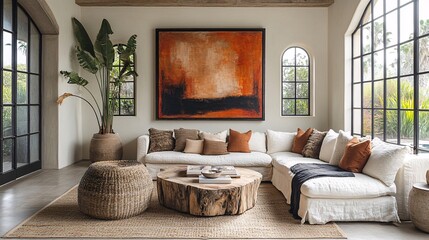 Fototapeta premium Serene Living Room with Oversized Abstract Art