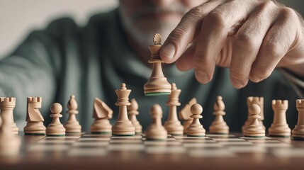 Close-up of a hand moving a chess piece on a wooden chessboard, strategic gameplay in progress.