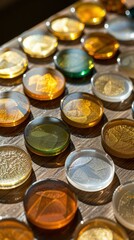 Round, transparent objects with various colors and designs. AI.