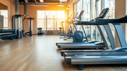 interior of a contemporary, light-filled gym featuring treadmills, equipment, and a large mirror
