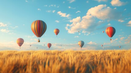 Obraz premium Colorful hot air balloons float over a field of golden wheat. AI.
