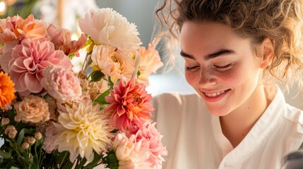 Smiling woman arranging colorful flowers in a bright, cozy setting, showcasing joy and creativity.