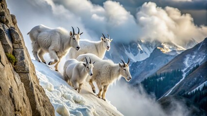 Fototapeta premium Mountain Goats on a Snowy Cliff in Fog - Majestic Wildlife Photography