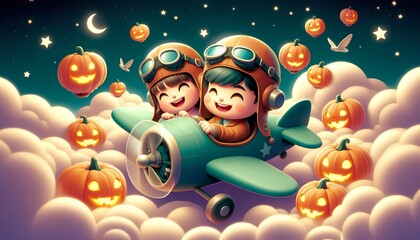 Fototapeta premium 3D background of illustration of boy and girl riding a plane in the clouds full of Halloween pumpkins.