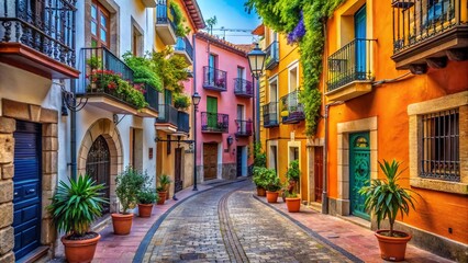 Obraz premium Narrow Streets of Arenys de Mar: Colorful Facades and Balconies in Catalonia's Old Town