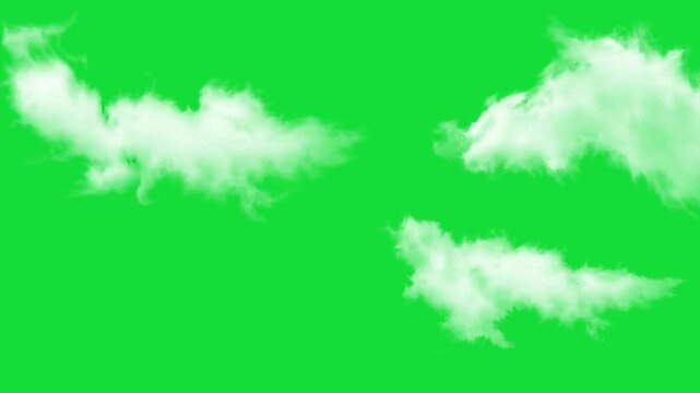 White fluffy clouds on a green screen. Animated clouds motion graphic effects on chroma key background