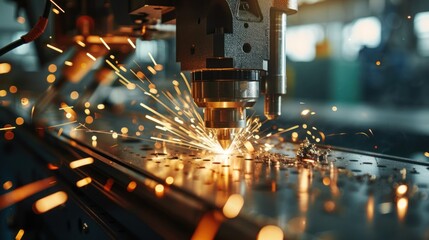 A Close-up of a CNC Machine Cutting Metal with Sparks Flying