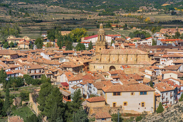 Elevated view of the beautiful buildings of Rubielos de Mora in Aragon, Spain