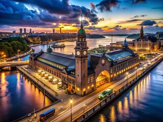 Obraz premium Night Photography of Baumwall Train Station in Hamburg Harbor - October 2023