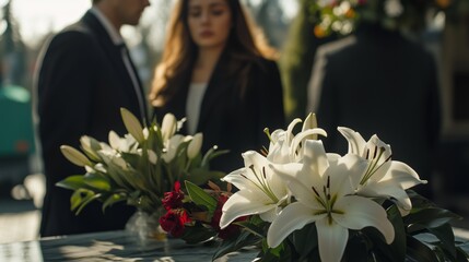 Elegant white lilies and red flowers in focus at a somber gathering, with blurred people in the background.