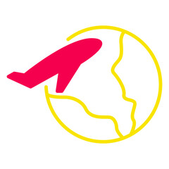 Obraz premium Minimalist travel and navigation icons in red and yellow tones, featuring suitcases, airplanes, location markers, maps, and travel routes. Ideal for travel apps, websites, and print designs.