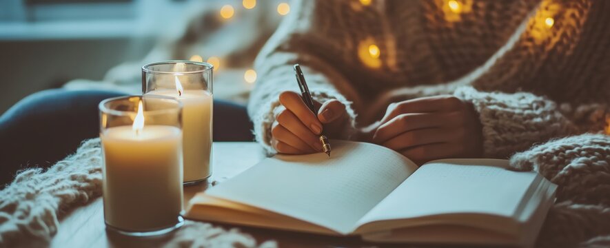 A serene moment of writing by candlelight, wrapped in warmth, creating a peaceful and cozy atmosphere.