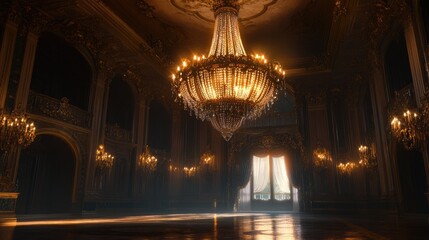 Obraz premium A magnificent chandelier glowing in an ornate ballroom, capturing opulence, grandeur, and the charm of classic luxury