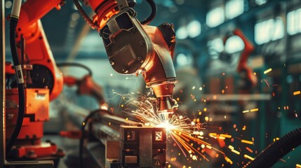 Industrial Robot Arm Welding Metal with Sparks