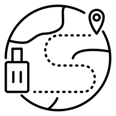 Clean black line travel icons including suitcases, airplanes, maps, and location markers. Ideal for web and app design, travel planning, and infographics.