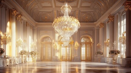 A grand chandelier glowing brightly in a luxurious ballroom, capturing the classic elegance and opulence of the space