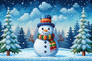 Obraz premium Nostalgic Pixel Art Snowman in Snowy Landscape with Colorful Scarf