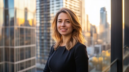 Fototapeta premium Smiling woman in business attire with city skyline background at sunset, showcasing confidence and modern urban life.