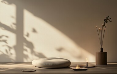 A soothing minimalist interior featuring soft light, candles, and elegant decor evokes a serene and tranquil atmosphere.
