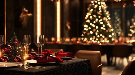Cozy restaurant ambiance featuring a beautifully set table and a glowing Christmas tree, perfect for festive holiday dining.