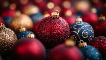 Close-up of glittery red, blue, and gold Christmas ornaments, perfect for festive decorations and holiday celebrations.