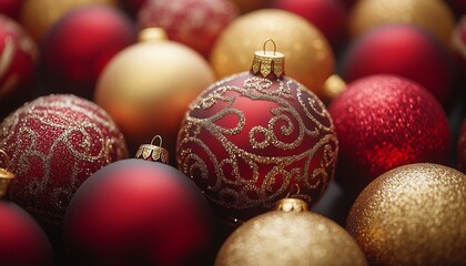 Elegant red and gold Christmas ornaments adorned with glitter create a festive holiday atmosphere perfect for seasonal decoration.