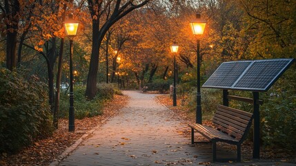 Solar-powered park lights in autumn.