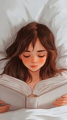 A girl with brown hair is reading in bed, cartoon style, vector graphics