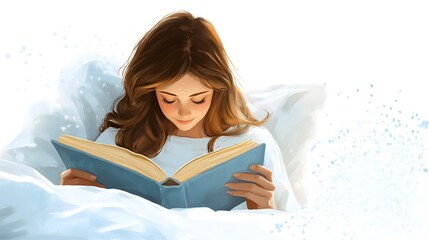 A girl with brown hair is reading in bed, cartoon style, vector graphics
