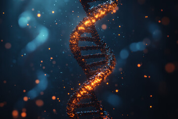 Obraz premium Dna Double Helix Structure Against A Dark, Blurred Background Filled With Glowing Molecular Graphics, Representing The Complexities Of Genetics