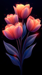 A beautiful bouquet of tulip flowers in a mix of vibrant colors, with long green stems and lush leaves. 