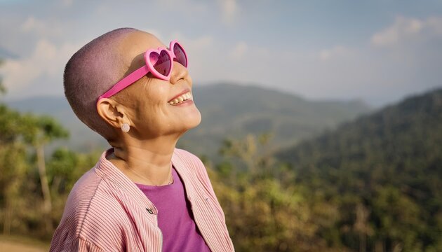 A senior woman smile with a shaved head after receiving chemotherapy wearing pink heart sunglasses outdoor nature