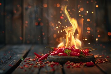 Red hot chili peppers with flame on a wooden background in bokeh style