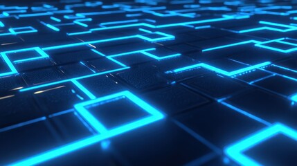 Abstract Blue Neon Light Pattern on Black Tiles