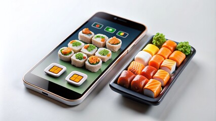 Pixel Art Mobile Sushi Ordering for Food Apps in 8-Bit Style on White Background