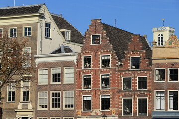 Obraz premium Spaarne Street Historic Brick House Facades in Haarlem, Netherlands