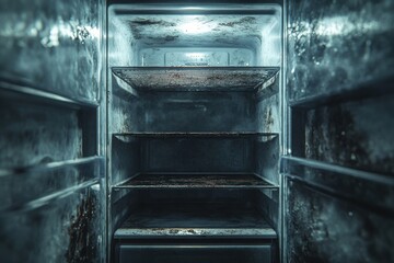 The inside of a refrigerator is empty and dirty