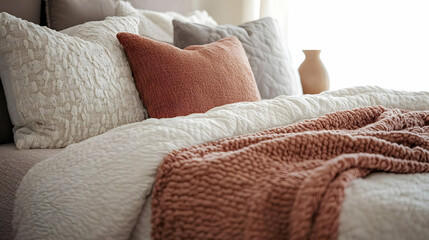 Cozy Bed. A close-up of a cozy bedroom featuring layered linen and stacked pillows.