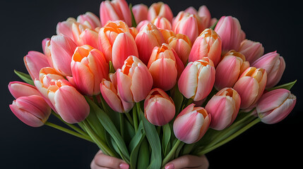 Fototapeta premium The tulips are fresh and blooming, arranged together in a simple yet elegant display, perfect for a cheerful spring setting