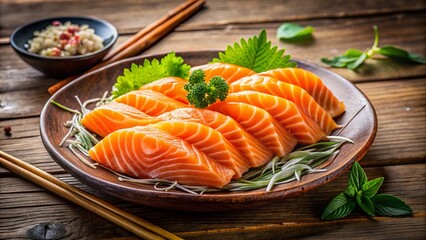 Premium Quality Salmon Sashimi on Wooden Table with Bokeh Effect – Japanese Cuisine Delight