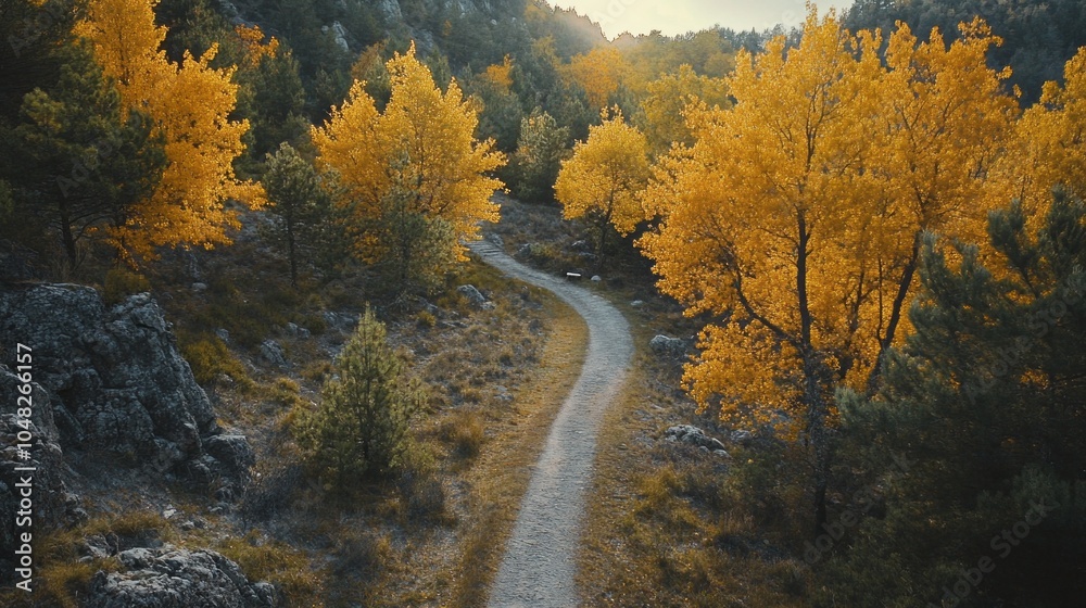 Poster A path through a forest with trees that are orange and yellow
